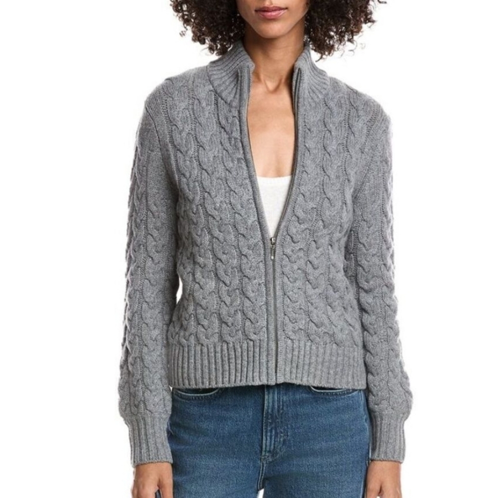 Forte Cashmere Womens Cable Zip Mock Wool & Cashmere-Blend Cardigan, Grey - Picture 11 of 11